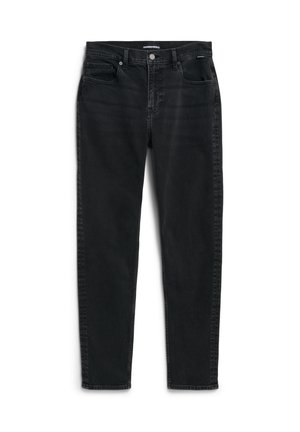 Black denim jeans with a classic five-pocket design, straight cut, and subtle fading. Features a button closure and belt loops.