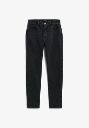 Schwarze Denim-Jeans mit klassischem Fünf-Taschen-Design, geradem Schnitt und dezentem Verblassen. Mit Knopfverschluss und Gürtelschlaufen.