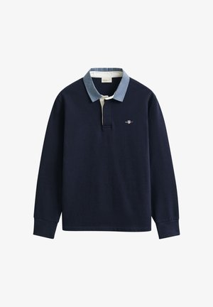 Marineblaues Langarm-Poloshirt aus Baumwolle mit einem hellblauen Kragen, einer weißen Knopfleiste und einem kleinen, auf der Brust gestickten Logo.