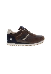 Scarpe da ginnastica marroni con un design texturizzato, caratterizzate da strisce bianche e blu navy, una linguetta blu e un logo sul tallone. Suola in gomma.