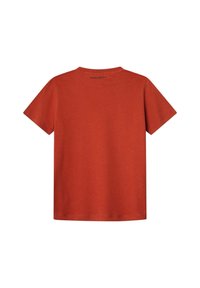 Camiseta de manga corta en tela naranja con cuello redondo y logo de Hackett impreso en azul oscuro en la espalda. Textura suave, ajuste estándar.