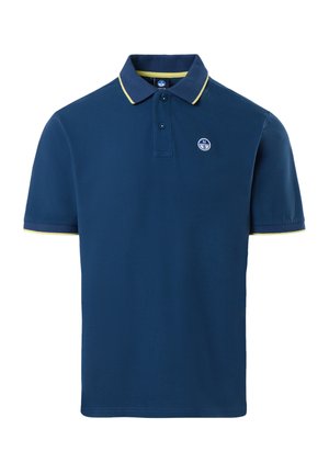 Polo shirt navy in misto cotone con colletto e polsini accentati in giallo. Presenta un ricamo del logo blu sulla parte sinistra del petto.