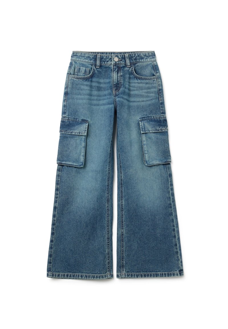 Lichte spijkerbroek met wijde benen en cargostijl, met twee grote zijzakken, een knoopsluiting en subtiele verwerkte details.