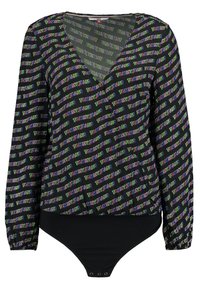 Černý bodysuit s dlouhými rukávy a výstřihem do V, s opakujícím se pestrým vzorem textu "TOMMY JEANS", uzávěry na patkách.