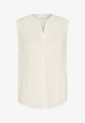 Blusa sin mangas blanca con escote en V y una sutil textura en forma de corazón. Presenta un corte holgado y un dobladillo recto. Tejido ligero.