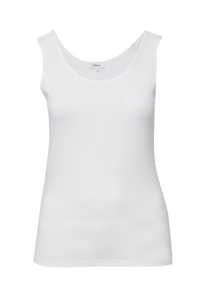 Biały bezrękawnik z okrągłym dekoltem, dopasowanym krojem i metką marki s.Oliver wewnątrz kołnierza.
