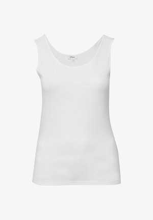 Débardeur blanc sans manches avec encolure ronde, silhouette ajustée et étiquette de la marque s.Oliver à l'intérieur du col.
