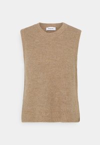 Pull en tricot sans manches beige avec un col rond, texture côtelée et fentes sur les côtés à l'ourlet. Fabriqué à partir d'un tissu doux.