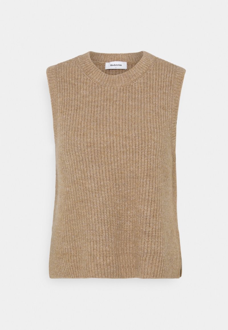 Pull en tricot sans manches beige avec un col rond, texture côtelée et fentes sur les côtés à l'ourlet. Fabriqué à partir d'un tissu doux.