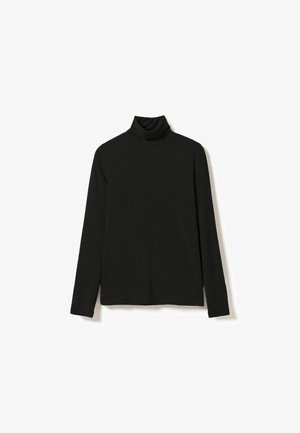 Black turtleneck long-sleeve top made of soft fabric, featuring a fitted neck and relaxed body with side slits. Simple, no patterns or accents.