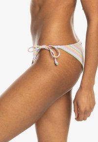Multicolored bikini bottom with a zigzag pattern, made from soft fabric. Features adjustable tie sides for a customizable fit.
