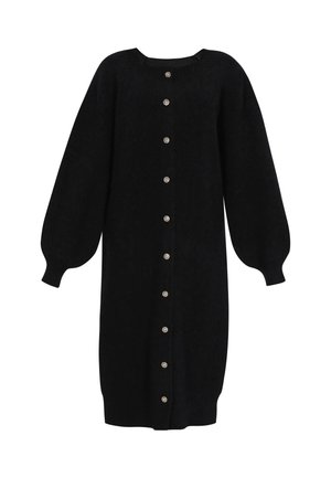 Black knitted dress with long, puffed sleeves, round neckline, and a full button placket featuring silver-toned buttons down the front.