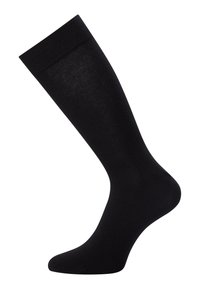 Sorte knæhøje sokker lavet af glat materiale med en ribbet topkant; sømløs design. Stoffet har en let glans og minimal tekstur.