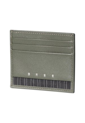 Olive green leather card holder with three card slots, striped black accent at the bottom, and the word BREE printed in white letters.