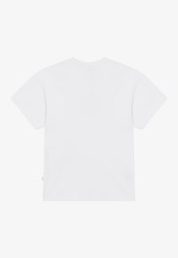 White cotton t-shirt, short sleeves, round neckline, solid color, no visible graphics or patterns, smooth texture. Tag on the side.