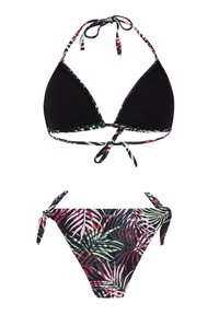 Svart bikiniöverdel med triangulära kupor och botten i flerfärgad tropisk lövdesign, med knytskärningar och en mjuk yta.