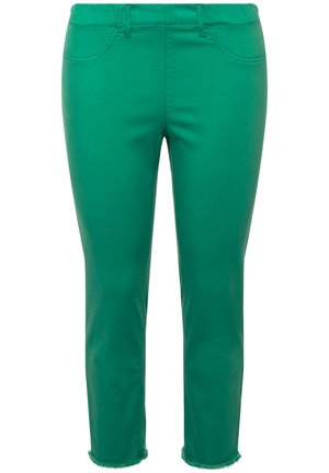 Zielone spodnie do kostek o gładkiej fakturze, z dopasowanym krojem, przednimi kieszeniami i surowym wykończeniem na dole.