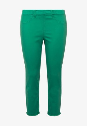Pantalones verdes hasta el tobillo con una textura suave, que presentan un diseño ajustado, bolsillos frontales y un detalle con dobladillo sin terminar en la parte inferior.