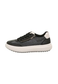 Schwarzer und grauer Sneaker mit strukturiertem Obermaterial, glatten Lederakzenten, einem Reißverschluss und einer dicken weißen Gummisohle.