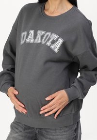 Sudadera gris oscuro con "DAKOTA" bordado en letras blancas en el pecho. Presenta puños y cintura acanalados, corte relajado y textura suave.