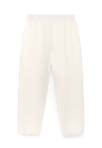 Weiße, weite Hosen mit einem hohen, elastischen Taillenbund und glatter Textur. Sie verfügen über einen geraden Schnitt, der sich an den Knöcheln leicht verjüngt.