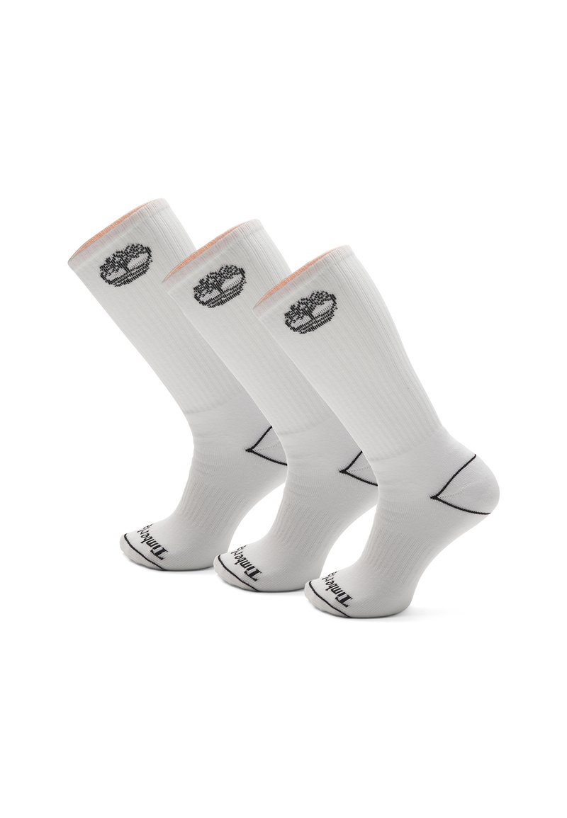 Weiße Sportsocken im Set von drei, mit geripptem Muster, kontrastierendem schwarzen Logo und farbigen Akzenten an den Bündchen.