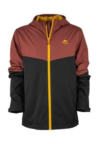 Giacca a vento rossa e nera con zip gialla, dotata di cappuccio e motivo contrastante sulla parte superiore del petto. Il materiale è leggero e liscio.
