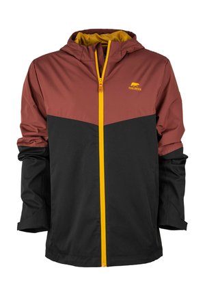 Rote und schwarze Windjacke mit einem gelben Reißverschluss, ausgestattet mit einer Kapuze und einem kontrastierenden Muster auf der oberen Brust. Das Material ist leicht und glatt.