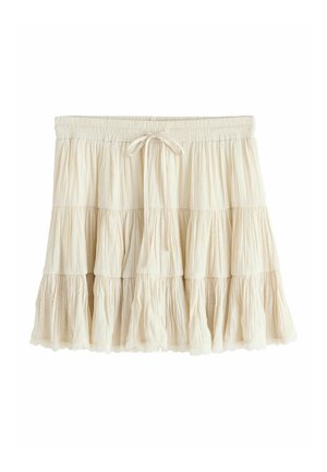 Krémově zbarvená vrstvená sukně s elastickým pasem a šňůrkou na stažení, s mačkanou texturou a krajkovou lemovkou na lemu.