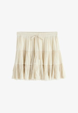 Krémově zbarvená vrstvená sukně s elastickým pasem a šňůrkou na stažení, s mačkanou texturou a krajkovou lemovkou na lemu.
