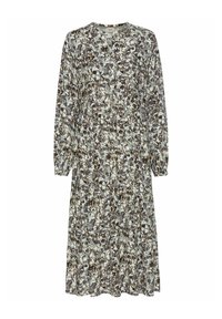 Blumenkleid in Midi-Länge aus weichem, leichtem Stoff; verfügt über lange Ärmel, einen runden Halsausschnitt und eine elastische Taille mit einem fließenden Rock in sanften Farbtönen.