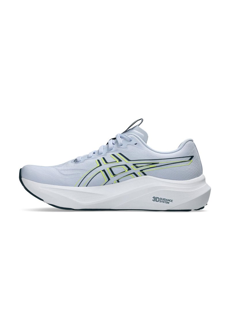Baskets de course gris clair avec semelle intermédiaire blanche, rayures de logo noires et jaune néon, fermeture à lacets et texte "Système de Guidage 3D" sur la semelle.