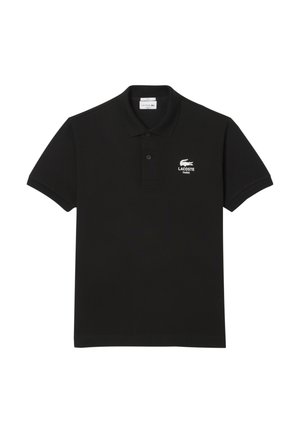 Black polo shirt made of cotton, featuring a classic collar, short sleeves, and a white Lacoste logo on the left chest.