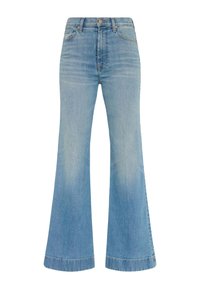 Light blue flared jeans made of denim, featuring a high waist, faded texture, and cuffed hems. Classic five-pocket design with a front button.