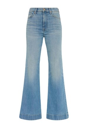 Hellblaue, ausgestellte Jeans aus Denim mit hoher Taille, ausgewaschenem Look und gekrempelten Säumen. Klassisches Fünf-Taschen-Design mit einem vorderen Knopf.