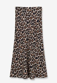 Jupe en tissu imprimé léopard beige, ornée de taches noires et brunes, avec une coupe évasée, un tissu doux, et une longueur au genou avec une texture lisse.