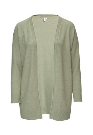 Cardigan vert clair à coupe décontractée, avec des poignets et un ourlet côtelés. Il présente une ouverture à l'avant et une texture tricotée douce, sans fermetures.