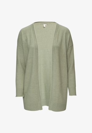 Cardigan vert clair à coupe décontractée, avec des poignets et un ourlet côtelés. Il présente une ouverture à l'avant et une texture tricotée douce, sans fermetures.