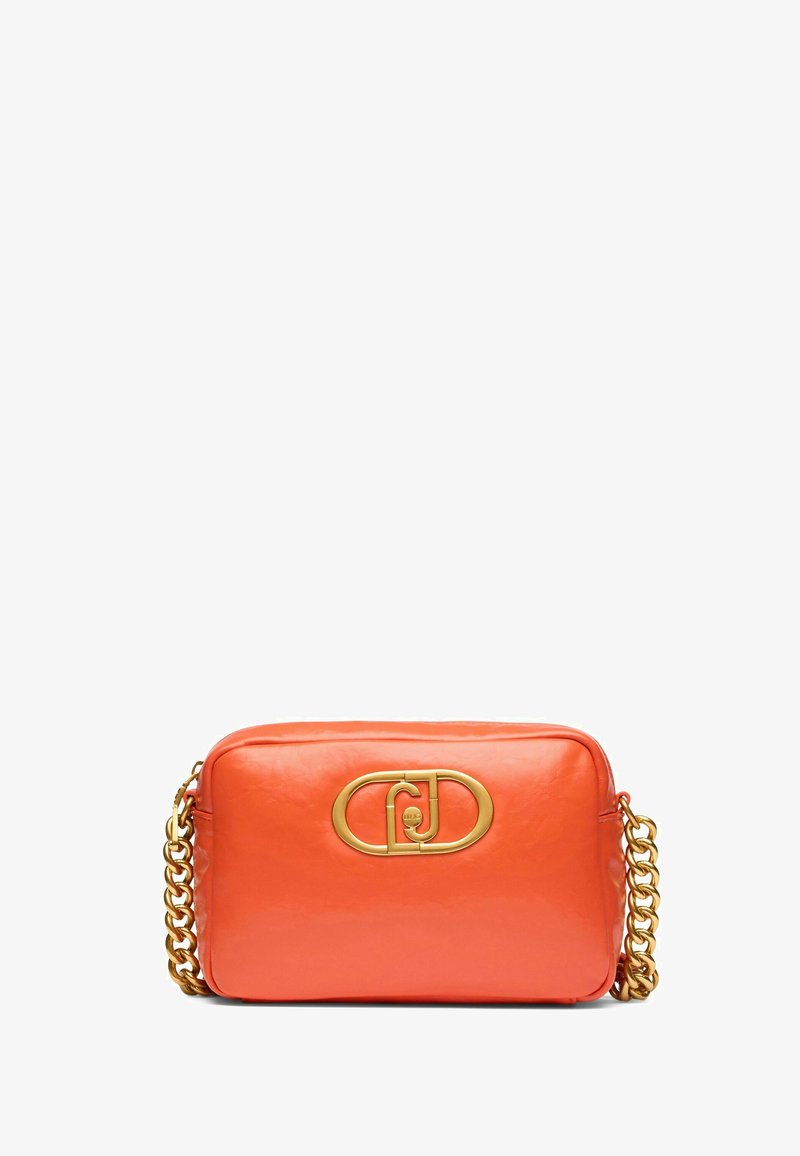 Orange leather shoulder bag with a rectangular shape, featuring a gold chain strap and a prominent gold logo accent on the front.