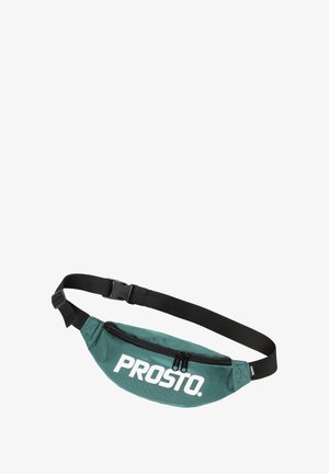 Turkusowa nerka z czarnym zamkiem i regulowanym paskiem. Na przodzie znajduje się wyraźne, białe logo "PROSTO.", a całość cechuje się smukłym kształtem.