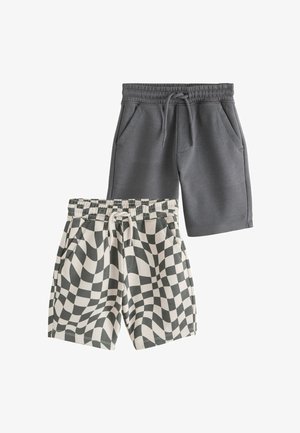Dva para kratkih hlača s elastičnim strukom, jedan u tamnosivoj jednobojnoj boji, a drugi s crno-bijelim uzorkom valovitih šahovnica, oba s prednjim džepovima i vezicama.