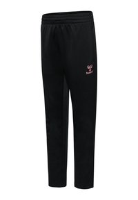 Sorte joggingbukser lavet af blødt stof, med elastik i taljen, tætsiddende pasform og en lille lyserød logo på venstre side.