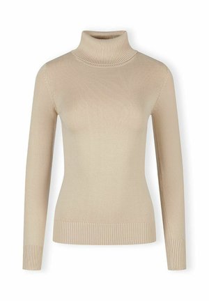 Bežs turtlenecks džemperis, izgatavots no ribota adījuma. Pieguļoša forma ar garām piedurknēm un ribotu apakšmalu. Gluda tekstūra, bez rakstiem.