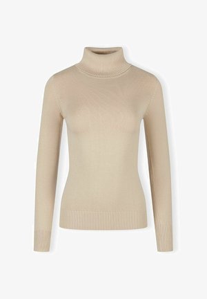 Beige coltrui gemaakt van ribbelgebreid stof. Strak ontwerp met lange mouwen en een ribbelrand. Glad textuur, geen patronen.