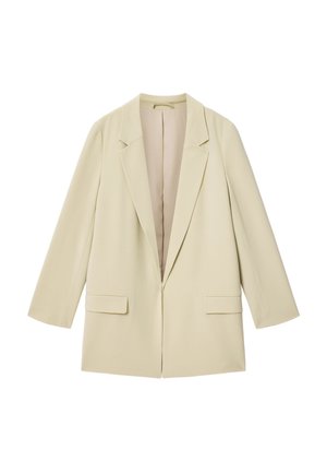 Blazer oversize beige da donna con risvolti a lancia, maniche lunghe, due tasche frontali con patta e design anteriore aperto.