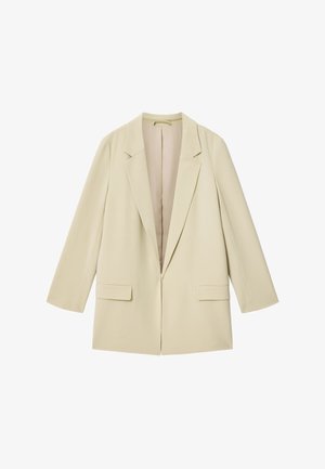 Beiger übergroßer Damenblazer mit Kerbkragen, langen Ärmeln, zwei vorderen Klappentaschen und offenem Frontdesign.