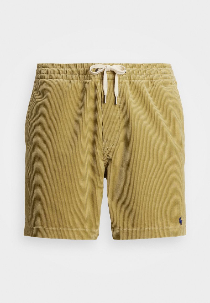 Kordfløyels-shorts i sennepsgul med strukturert overflate, elastisk midjebånd og kremfarget snor. Har et lite blått logoakkent.