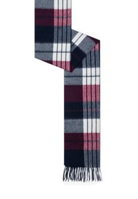 Plaid scarf in navy, gray, and burgundy. Soft texture with fringed edges and a classic check pattern featuring white lines.
