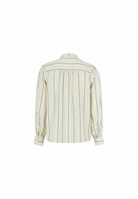 Langarmige crème blouse met verticale zwarte strepen, met knoopmanchetten, geplooide ruglepel en geraffineerde schoudernaden.