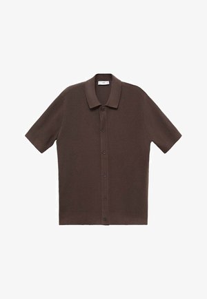 Brun kortærmet strik polo t-shirt med et struktureret mønster, krave-design og seks frontknapper. Glat stof med en afslappet pasform.